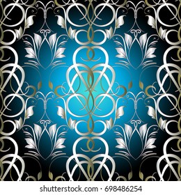 Floral antique damask seamless pattern. Blue vintage background wallpaper illustration with silver medieval ornaments, flowers, line art leaves. Vector rich endless texture for fabric, prints, textile