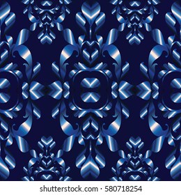 Floral antique seamless  pattern. Damask background  with vintage 3d  baroque ornaments, swirl leaves and flowers in Victorian style.Vector  texture for wallpapers, textile, fabric. Dark blue backdrop