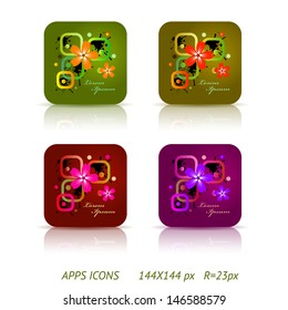 Floral app buttons in color variations on white background with reflections. Vector eps10. (144x144px icon R=23px iPad Retina)
