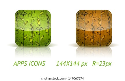 Floral app buttons in color variations on white background with reflections. Vector eps10. (standard 144x144px icon R=23px)