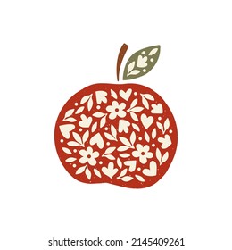 Floral apple hand drawn vector illustration. Fuit silhouette with flower. Juicy organic food drawing isolated on white background. Trendy modern print, home decor poster, kitchen decor.