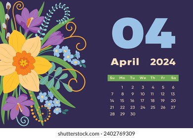 Floral April 2024 calendar template. With bright colorful flowers and leaves. Editable page template with illustrations. Vector mesh. The week starts on Sunday. Vector Colorful Art Design.