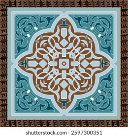 Floral Arabesque Damask style seamless pattern with intricate flowers, leaves, lines, swirls and greek key meander square frame, border. Beautiful ornamental vector background. Endless texture. Tile.