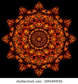 Floral arabesque Mandala. Decorative round ornament on black background. T-shirt, business card design. Zen art design. Hand drawn round geometry ornament. Islam, Arabic, Indian style