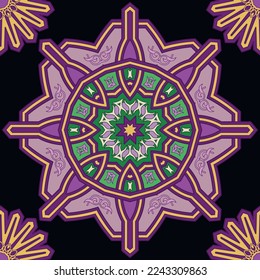 Mandalas arabescas florales sin fisuras. Fondo vector colorido. Hermosos adornos de estilo étnico. Repetir el fondo. Flores, hojas, líneas, marcos, mandalas. Textura sin motivos.