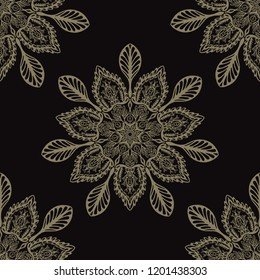 Floral Arabesque Mandalas Seamless Vector Pattern, Hand Drawn Boho Ornament Flourish Illustration for Trendy Home Decor, Yoga Fashion Print, Ethnic Indian Style Tattoo Design. Meditation Background.
