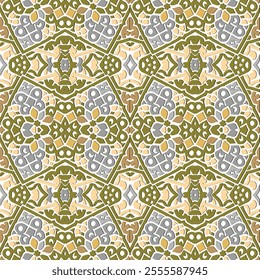 Floral arabesque style intricate lines, shapes, flowers vector seamless pattern. Ornamental decorative background. Repeat backdrop in beige brown golden colors. Endless texture. Beautiful ornaments.