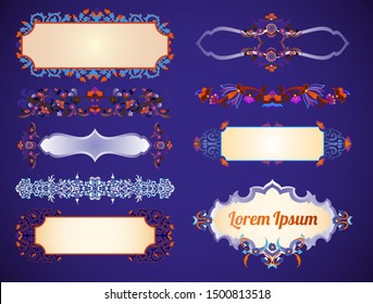 Floral Arabian Islamic ornament. Set of ornate vignettes frames, motifs, borders, dividers for custom design. Simple elegant colorful patterns in arabesque, nomadic ethnic style. Blue, orange colors. 