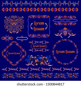 Floral Arabian Islamic ornament. Set of ornate exotic frames, motifs, vignettes, borders, dividers and frames for custom design. Simple elegant colorful patterns in arabesque, nomadic ethnic style. 
