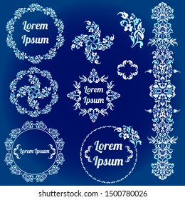 Floral Arabian national Islamic ornaments. Set of ornate muslim seamless frames, vignettes, motifs, borders. Simple lapis and white decor in arabesque, style for custom design. 