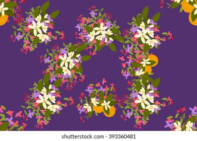 Floral  arabis, orange background vector illustration. Sprig of mimosa, flowers and leaves of sakura, cherry and magnolia, spring background, floral greeting card