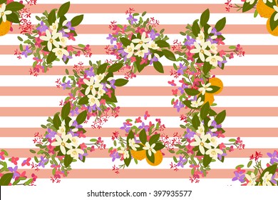 Floral  arabis, orange background vector illustration. Sprig of mimosa, flowers and leaves of sakura, cherry and magnolia, spring background, floral greeting card