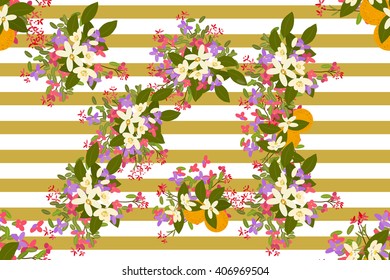 Floral  arabis, orange background vector illustration. Sprig of mimosa, flowers and leaves of sakura, cherry and magnolia, spring background, floral greeting card