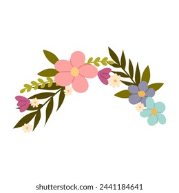 Floral arch in flat style. Composition of spring flowers for decoration. Postcard, invitation, floral decor, frame.