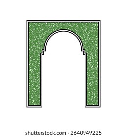 Floral arch frame with green leafy pattern in oriental architectural style decorative border vector illustration for design and graphic projects.