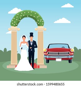 floral arch, just married couple and red classic car over landscape background, colorful design, vector illustration