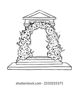 arco floral com uma entrada estrita e degraus no estilo clássico - esboço de linha desenhada à mão