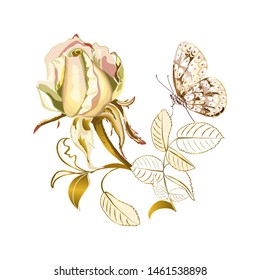 Floral arrangement of beautiful golden rose flower and butterfly on white background, close up. Can be used for printing on t-shirt, greeting card. Vector illustration.