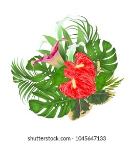 Floral arrangement bouquet with tropical flowers  with beautiful lilies Cala and anthurium, palm,philodendron and ficus vintage vector illustration  editable hand draw 