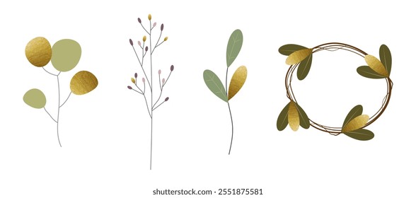 Floral arrangement of branches, leaves, wreaths. Minimalistic subtle botanical elements partially with golden leaves. Vector illustration for festive design: wedding invitations, Christmas. Isolated