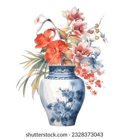 Floral arrangement with chinoiserie vintage vase in watercolor illustration