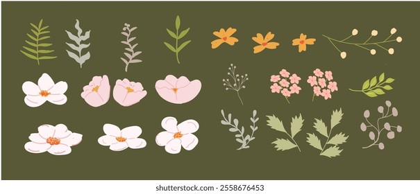 Floral arrangement: diverse pastel blossoms and leaves on olive green background.