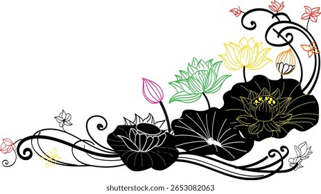 A floral arrangement featuring lotus flowers in various colors with decorative swirls and artistic elements