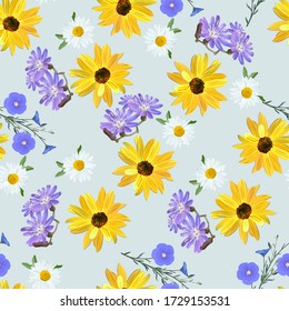 Floral arrangement of flowers of sunflower,  chamomile, blue wildflowers, flax, flowers and blossoms linen close up on gray background, seamless floral texture, vector