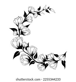 floral arrangement frame for invitation, poster, card, background with place for text. Can be used for printing on fabric or paper. Richly decorated, flowers, grass, leaves, branches. Drawn in lineart