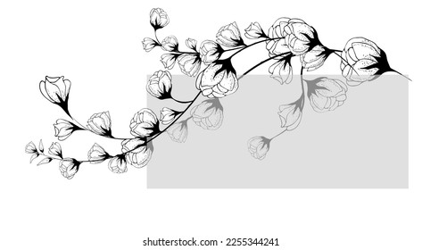 floral arrangement frame for invitation, poster, card, background with place for text. Can be used for printing on fabric or paper. Richly decorated, flowers, grass, leaves, branches. Drawn in lineart