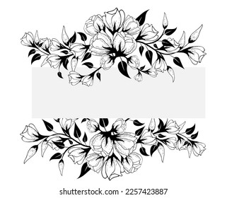 floral arrangement frame for invitation, poster, greeting card, background. Can be used to print on fabric or paper. Richly decorated, flowers, grass, leaves, branches. Made in the style of line art