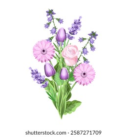 Floral arrangement of gerberas, rose, tulips, lavender, bluebells on a white background.Vector bouquet for festive designs,birthday,March 8th,textiles.