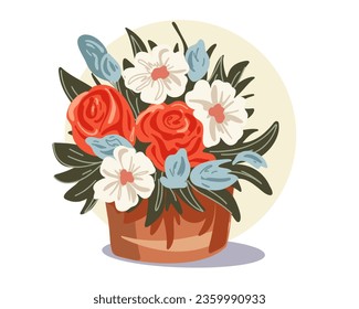 Disposición floral en una caja de sombrero, ilustración vectorial