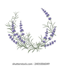 Un arreglo floral de flores de lavanda en forma de media flor para el diseño de postales, invitaciones y otros afiches.