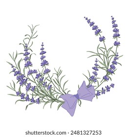 Un arreglo floral de flores de lavanda en forma de media flor para el diseño de postales, invitaciones y otros carteles.