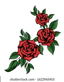 Floral arrangement of red roses and leaves. Vector illustration design for greeting card, wedding, birthday, Valentine's Day, mother's day invitations. Isolated on white.