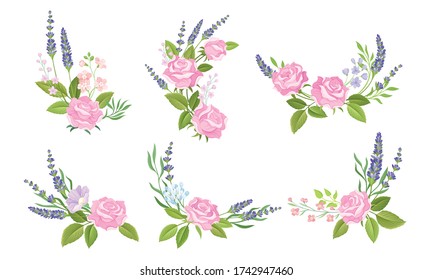 Floral Arrangement with Rose Flower and Lavender Twigs for Border or Corner Decoration Vector Set