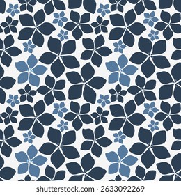 Floral Arrangement Seamless Design. Midnight Bloom Petal Mosaic Geometric Seamless Pattern. Deep Blue Denim Garden. 
