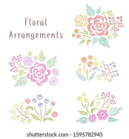 Floral arrangement set with colorful hand drawn flowers, leaves and berries isolated on a white background.