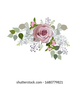 A floral arrangement in the shape of a corner of beautiful roses of lush branches of greenery and lilac