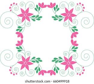 Floral arrangement in small wild flowers. Vector imitation of embroidery. Country style frame. Floral background for textile, wallpaper, covers, surface, print, gift wrap, scrapbooking, decoupage.