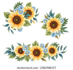 Arreglo floral de girasoles y olores azules sobre un fondo aislado. Bouquet de flores silvestres y agrícolas