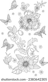 floral arrangement of swirl twigs with flowers and leaves surrounded by flying butterflies. coloring book page for adults and children