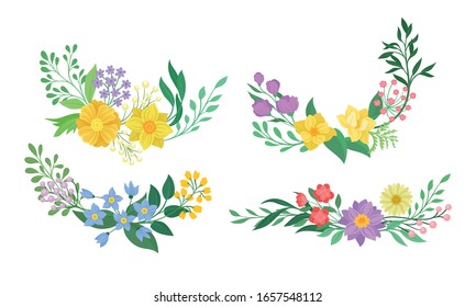 Floral Arrangement with Twigs and Flowers for Corner Decoration Vector Set