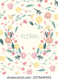 Arreglo floral con varias flores silvestres, hojas y corazones. Las flores como símbolo de felicidad, alegría, amor. Las coronas de primavera son ideales para invitaciones, tarjetas, pancartas, bodas. Ilustración del vector