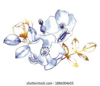 Floral arrangement vector. Watercolor painting with golden foil isolated on white background. Brier flowers for wedding invitations, cards, greetings, presentations, book covers, T shirt and prints.