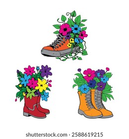 Floral Arrangement in Vintage Boots and Sneakers  Colorful Hand Drawn Illustration of Blooming Flowers Emerging from Shoes, Aesthetic Botanical Art for Creative Designs and Prints