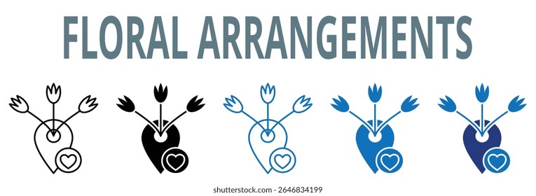 arranjos florais ícone conjunto. contém ícone, vetor, ilustração, casamento, fornecedores, floral, arranjos, buquê, decoração, peças centrais