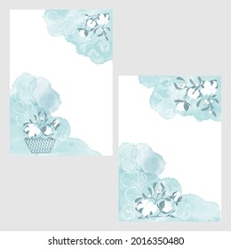 Floral arrangements with  mistletoe, eucalyptus branch and cotton on blue watercolor background  with place for text. Pre-made design on christmas theme , watercolor spots and place for text. Vector l