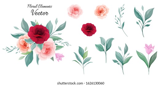 Floral arrangements of peach and burgundy rose flowers and leaves with individual elements. Romantic botanic illustration for wedding, greeting, and valentine card design vector